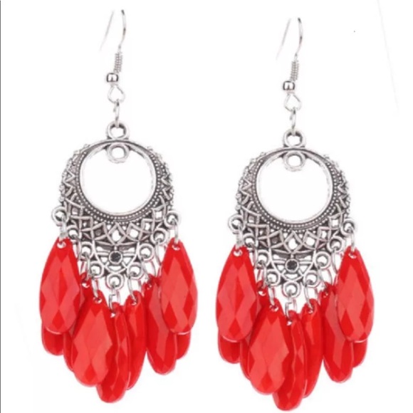 ❤️NEW Fashion Bohemian SILVER/RED EARRING - Picture 2 of 3